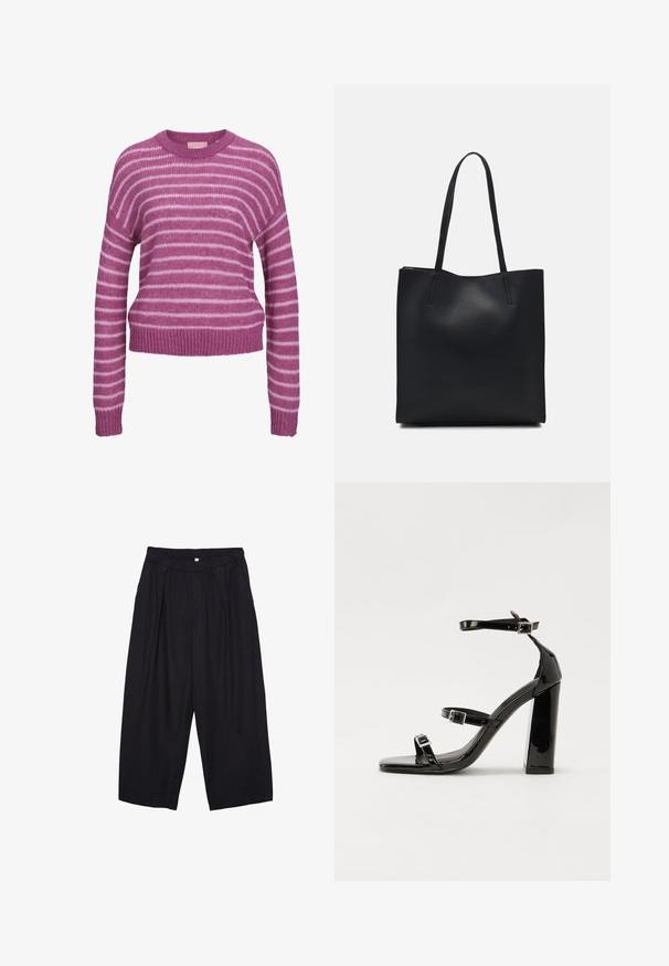 Gestreifter Pullover in Pink und Weiß aus Strick mit rundem Halsausschnitt, überschnittenen Schultern sowie gerippten Bündchen und Saum. Weiche Textur, verkürzte Passform.; Schwarze Polyester-Culotte mit einem elastischen Bund, zwei vorderen Falten und einer lockeren Silhouette. Keine sichtbaren Muster oder Hardware-Details.; Schwarze patentierte Sandalen mit Absatz, quadratischer Spitze, Knöchelriemen und silbernen Schnallen. Mit einem stabilen Blockabsatz für mehr Stabilität.; Schwarze Laptoptasche aus Leder mit glatter Textur, rechteckiger Form und zwei langen Griffen. Keine sichtbaren Beschläge oder Verzierungen.
