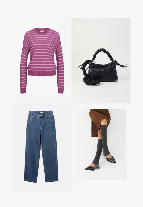 Maglione a righe rosa e bianche lavorato a maglia con scollo rotondo, spalle cadenti e polsini e orlo a coste. Texture morbida, vestibilità cropped.; Jeans in denim blu classico con design a gamba dritta, cinque tasche e chiusura con bottone. Presentano un lavaggio medio e una trama robusta.; Scarpe nere in pelle verniciata con punta affilata, tacco a blocco e cinturino alla caviglia, abbinate a scaldamuscoli grigi a coste e una gonna in suede marrone.; Borsa a tracolla in ecopelle nera con texture a coccodrillo, apertura cinchata e tracolla arricciata. Si presenta con un design morbido e compatto.