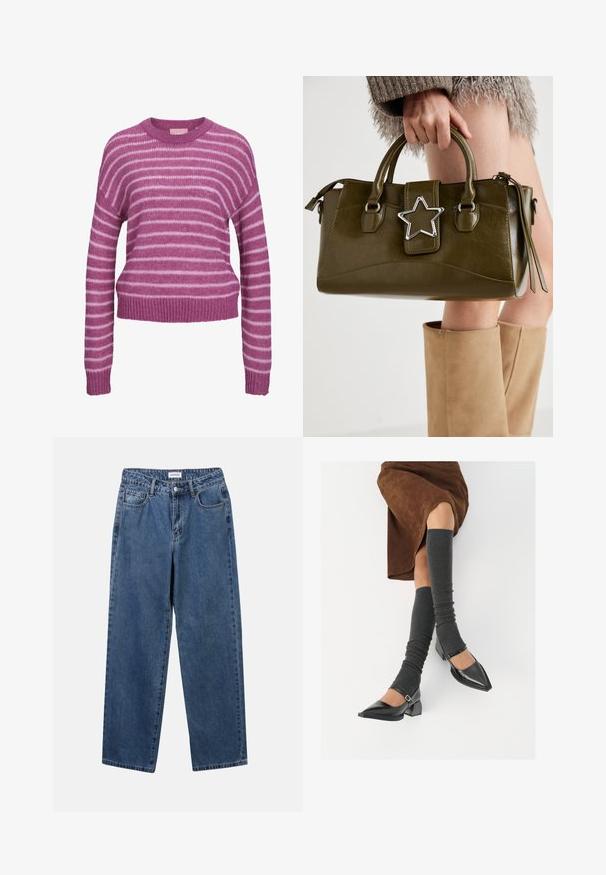 Gestreifter Pullover in Pink und Weiß aus Strick mit rundem Halsausschnitt, überschnittenen Schultern sowie gerippten Bündchen und Saum. Weiche Textur, verkürzte Passform.; Klassische blaue Denim-Jeans mit geradem Bein, fünf Taschen und Knopfverschluss. Sie verfügen über eine mittelblau gewaschene Optik und sind aus robuster Textur.; Schwarze lacklederne spitze Schuhe mit Blockabsatz und Knöchelriemen, kombiniert mit grauen gerippten Beinstulpen und einem braunen Wildlederrock.; Olivgrünes Kunstlederhandtasche mit silbernem Sternakzent, doppelten Griffen und einem Reißverschluss. Strukturierten Form und texturierten Oberfläche.