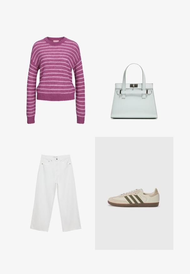 Vaaleanpunaisesta ja valkoisesta raidallisesta neuleesta valmistettu pusero, jossa on pyöreä pääntie, alaslasketut olkapäät sekä ribbireunat hihoissa ja helmassa. Pehmeä pinta, lyhyt malli.; Valkoiset leveälahkeiset farkut, joissa on korkea vyötärö. Tämä malli sisältää viisi taskua ja metallisia yksityiskohtia. Kankaan pinta on sileä, ilman näkyviä kuvioita.; adidas Originals SAMBA OG UNISEX - Matalavartiset tennarit - alumina/medium dark khaki/gum; Vaaleansininen käsilaukku, jossa on jämäkkä muotoilu, kaksi kahvaa ja hopeanvärinen kiinnitys. Pinta on teksturoitu ja kulmat terävät.