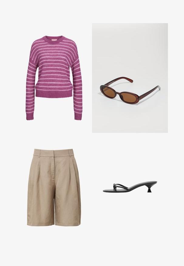 Pull en tricot rayé rose et blanc avec un col rond, des épaules tombantes et des poignets et un ourlet côtelés. Texture douce, coupe cropped.; Shorts beige taille haute en tissu texturé, avec plis à l'avant et poches latérales, coupe droite.; Sandales à talons noirs avec un design épuré, des fines lanières et un talon triangular unique. Texture lisse avec un look minimaliste.; Lunettes de soleil rondes teinte brun avec une monture bordeaux brillante. Branches fines avec un détail de marque subtil. Design de verres plats.