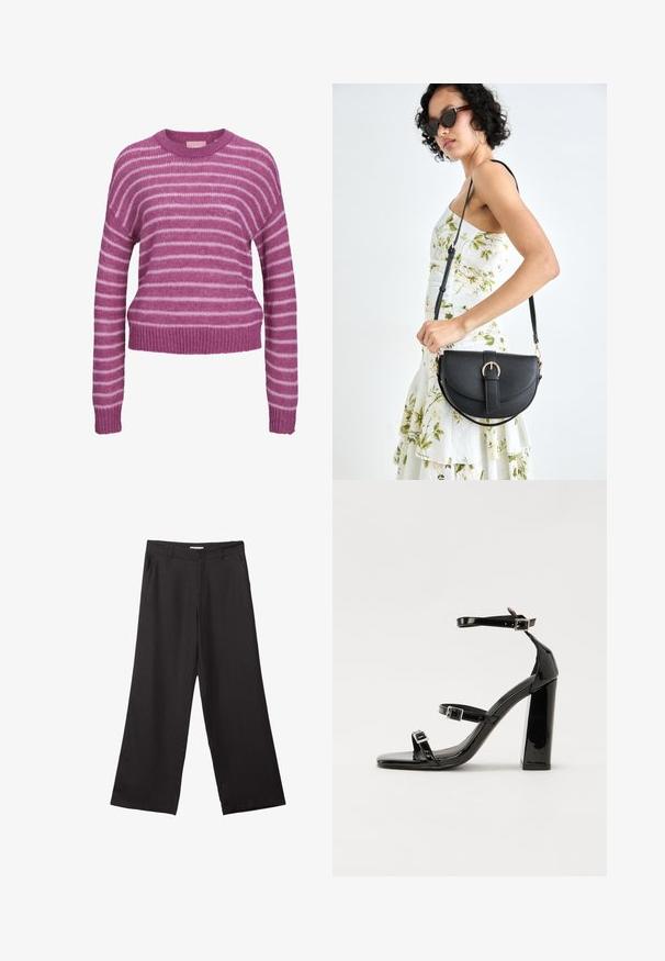 Růžovo-bílý pruhovaný pletený svetr s kulatým výstřihem, spadlými rameny a žebrovanými manžetami a lemem. Měkká textura, krátký střih.; Černé široké kalhoty vyrobené z hladké tkaniny, s předním zipem a dvěma bočními kapsami, s dobře padnoucím střihem a minimalistickým designem.; Černé lakované sandály na podpatku se čtveratou špičkou, lýtkovými pásky a stříbrnými přezkami. Disponují masivním blokovým podpatkem pro stabilitu.; Černá kožená kabelka s křivkovým tvarem, odnímatelným popruhem a zlatými detaily. Kabelka má klopu s přezkou.