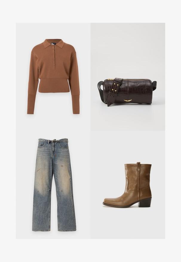Pull en tricot brun avec un col, patte de boutonnage à cinq boutons, manches longues et ourlet court. Texture lisse et design ajusté.; Jean en denim bleu clair avec une coupe ample et droite. Caractéristiques de décoloration, d'effilochage et de détails usés près des genoux. Style classique à cinq poches.; Bottine en cuir marron avec un orteil carré, une finition texturée et un petit talon empilé. Présente une languette à l'arrière et des détails de couture subtils.; Sac en cuir embossé crocodile marron avec une forme cylindrique, quincaillerie dorée et une bandoulière détachable ornée de clous.
