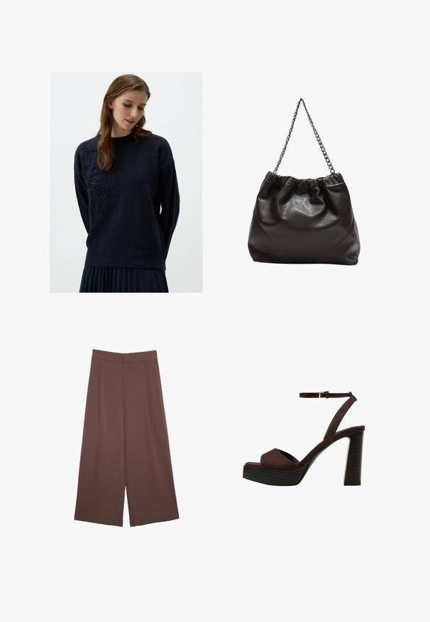 Pull bleu marine avec un col rond, des manches longues et un design floral texturé sur le côté gauche. Tissu doux avec une coupe confortable.; Pantalons larges marron avec une texture lisse, dotés d'une taille haute et de plis à l'avant. Le tissu est léger et tombe de manière fluide.; Sandale à talons hauts en suede marron avec un bout ouvert, une bride de cheville réglable et une semelle de plateforme rayée.; Sac en cuir marron avec un haut froncé et une bandoulière en chaîne. Texture lisse avec une finition brillante et des coutures subtiles sur les côtés.
