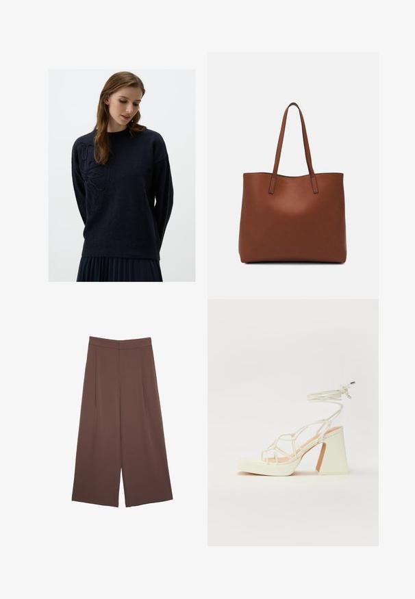 Maglioncino blu navy con collo rotondo, maniche lunghe e un design floreale testurizzato sul lato sinistro. Tessuto morbido con una vestibilità comoda.; Pantaloni ampi marroni con una texture liscia, caratterizzati da una vita alta e pieghe frontali. Il tessuto è leggero e scorre liberamente.; Sandalo bianco con tacco alto, caratterizzato da un design a cinturini e un legaccio alla caviglia. Texture liscia con una piattaforma frontale per un'altezza aggiuntiva.; Borsa tote in pelle marrone con texture liscia, design con apertura superiore e due spallacci. Presenta cuciture minime e nessun hardware visibile.
