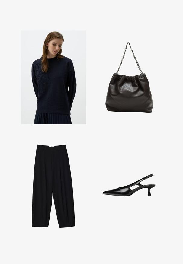 Marineblauer Pullover mit Rundhalsausschnitt, langen Ärmeln und einem strukturierten Blumendesign auf der linken Seite. Weicher Stoff mit bequemer Passform.; Schwarze weit geschnittene Hose aus leichtem Stoff, mit vorderen Falten, klassischem Bund und seitlichen Taschen. Angenehme Struktur.; Schwarze Lackleder-Slingback-High Heels mit spitzer Zehenform, ausgeschnittenem Seitendesign und kleinem Blockabsatz. Glatte Textur mit minimalen Akzenten.; Braune Lederhandtasche mit gerafftem Oberteil und Kettenriemen. Glatte Textur mit glänzendem Finish und subtilen Nahtdetails an den Seiten.