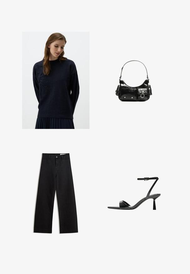 Navyblauwe trui met een ronde hals, lange mouwen en een gemêleerd bloemdesign aan de linkerkant. Zachte stof met een comfortabele pasvorm.; Zwarte denim broek met wijde pijpen en een hoge taille, voorzien van voor- en achterzakken, gestikte naden en een knoopsluiting. Gladde textuur.; Bershka Sandalen met hoge hak - black; Zwarte laarzen in lakleer met een gebogen vorm, één schouderband, voorvakken en accenten in zilverkleurig metaal.