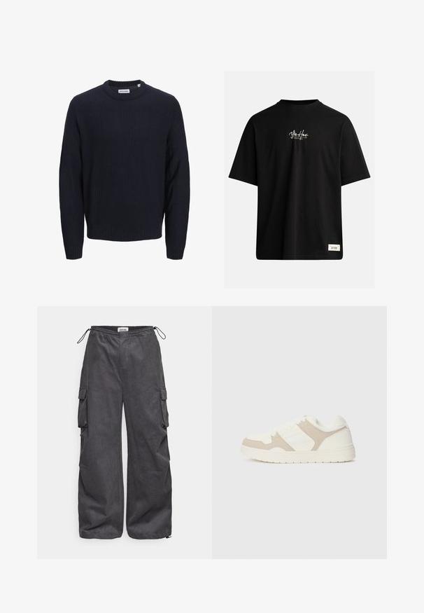 Navyblauwe gebreide trui met een geribbelde textuur, ronde hals en lange mouwen. Heeft een geweven merketiket bij de hals.; Zwarte t-shirt met korte mouwen van katoen. Heeft een klein wit logo op de borst en een rechthoekig label op de onderzijde rechts.; Grijze cargobroek van textuurstof, met een elastische tailleband, trekkoord en zijzakdetails. Loose fit met wijde pijpen.; Witte en beige sneaker met een combinatie van gladde en suède texturen, ronde neus, vetersluiting en een platte rubberen zool.