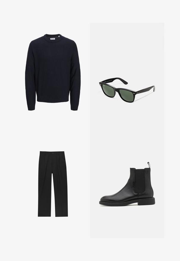 Granatowy sweter z dzianiny o prążkowanej teksturze, okrągłym dekolcie i długich rękawach. Posiada wplecioną metkę z logo marki przy dekolcie.; Czarne spodnie o prostym kroju, wykonane z gładkiego materiału. Posiadają zakładki z przodu i pojedyncze zapięcie na guziki w pasie.; Czarny skórzany botek za kostkę o gładkiej fakturze, z elastycznymi bocznymi panelami i pętelką do zakupu. Okrągły nosek i płaska gumowa podeszwa z minimalnym bieżnikiem.; Czarne plastikowe okulary przeciwsłoneczne z zielonymi szkłami, kwadratowe oprawki, srebrny akcent na brwi oraz fakturowane ramiona temple. Nazwa marki podana na wewnętrznej stronie ramion.