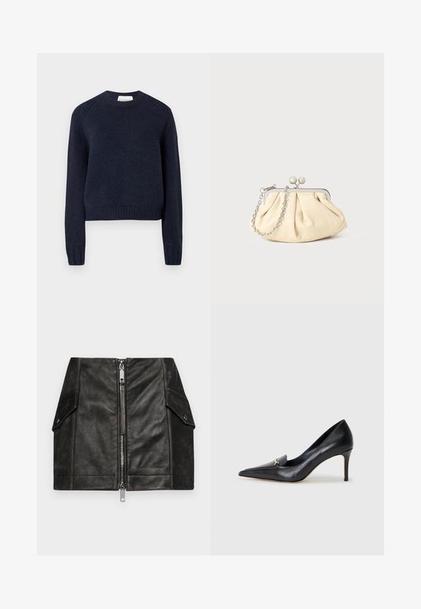 Camisola de malha azul marinho com gola redonda, mangas compridas, punhos e bainha com nervuras. Apresenta um acabamento texturizado e detalhes subtis nos ombros.; Saia mini de couro preto com um fecho éclair frontal, dois bolsos laterais e uma textura suave. Apresenta costuras reforçadas e um design estruturado.; Sapatilha de couro preto com bico fino, vamp baixo e um detalhe decorativo em ouro. Apresenta um salto agulha e uma textura suave.; Clutch de couro bege plissado com uma estrutura de metal prateado, apresentando dois fechos decorativos redondos e uma alça de corrente prateada.