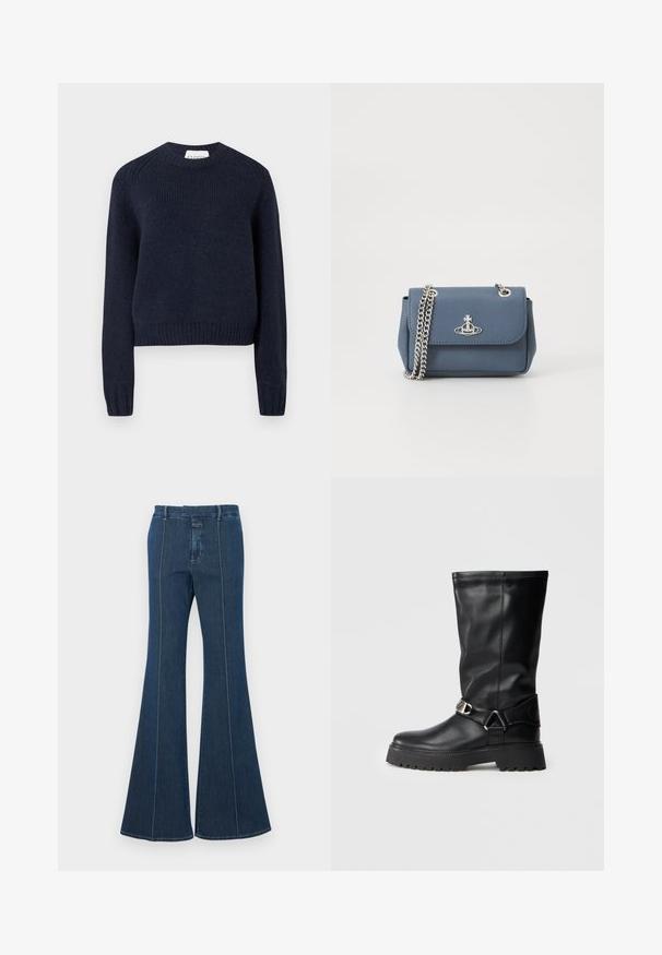 Tumši zils adīts džemperis ar apaļu kaklu, garām piedurknēm, ribotām aprocēm un apakšu. Raksturīgs strukturēts apdare un smalkas plecu detaļas.; Tumši zila džinsu flared bikses ar strukturētām šuvēm un gludu apdari. Iespējas ar vidējo jostasvietu un plašām, plūstošām kājām.; Melnas ceļa augstās zābakus, izgatavotus no gludas ādas, ar sprādzes akcentu sānos un biezu, teksturētu zoli labākai saķerei.; Zila teksturēta mākslīgās ādas rokassoma ar sudraba ķēdes siksnu un logotipa akcentu priekšpusē. Aizdare ar fiksējo stilu.