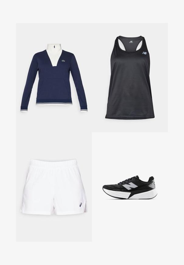 Marineblå half-zip pullover laget av teksturert stoff, med hvit krage og mansjetter, kengurulomme og grønt Lacoste-logo.; Svart atletisk tanktop laget av lett stoff, med racerback-design, flate sømmer og New Balance-logo i grått øverst til venstre.; Hvite sportsshorts med elastisk linning, sidespalter og en liten svart logo nederst til høyre. Laget av lett materiale.; Svart-og-hvitt New Balance joggesko med tykk såle, mesh-overdel og "N"-logo på siden, sett fra utsiden.