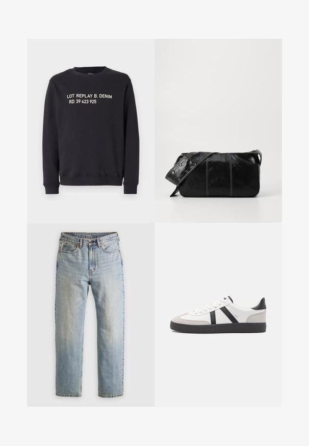 Felpa nera a girocollo realizzata in misto cotone. Presenta testo bianco stampato: "LOT REPLAY B. DENIM RD 39 423 925" sulla parte frontale.; Jeans in denim azzurro chiaro con vita alta, bottone anteriore, cerniera e design a cinque tasche, adagiati su uno sfondo neutro.; Sneaker bianco con accenti neri e grigi, dotata di una punta grigia testurizzata, suola in gomma nera e lacci bianchi piatti. Design pulito, stile minimalista.; Borsa a spalla in pelle nera con chiusura a zip, caratterizzata da un corpo testurizzato, cuciture bianche e una tracolla con occhielli in argento.