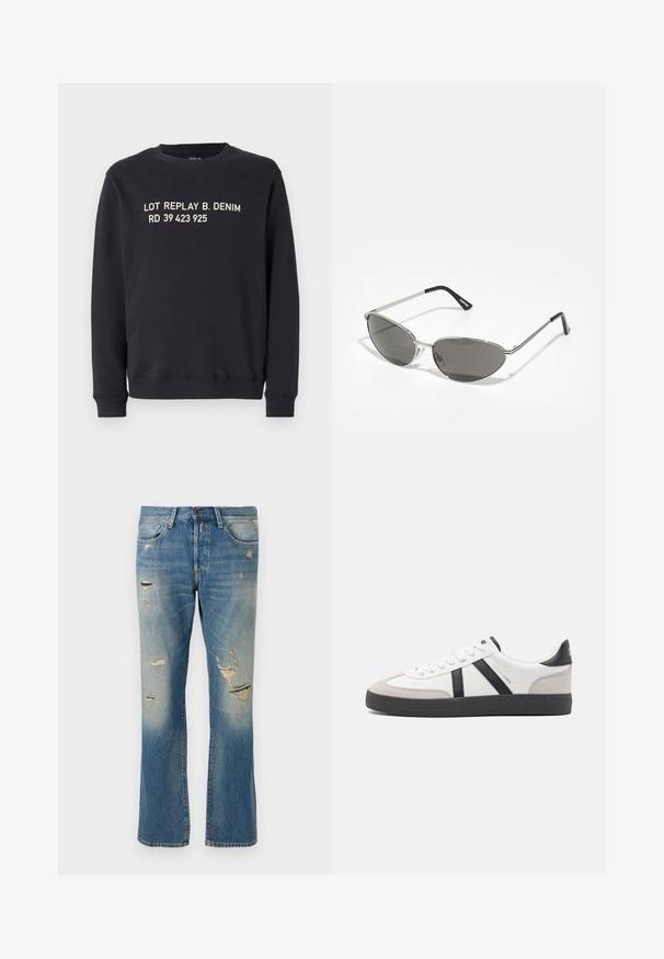 Sudadera negra de cuello redondo, fabricada en una mezcla de algodón. Presenta un texto impreso en blanco: "LOT REPLAY B. DENIM RD 39 423 925" en el frontal.; Jeans de denim azul claro con un corte relajado, que presentan detalles desgastados y parches deshilachados, con diseño estándar de cinco bolsillos y cierre de botón.; Zapatilla blanca con acentos en negro y gris, que presenta una puntera texturizada en gris, suela de goma negra y cordones planos blancos. Diseño limpio, estilo minimalista.; Gafas de sol con un elegante marco de metal plateado, lentes tintados de color gris y un diseño aerodinámico que presenta bordes puntiagudos y patas delgadas.