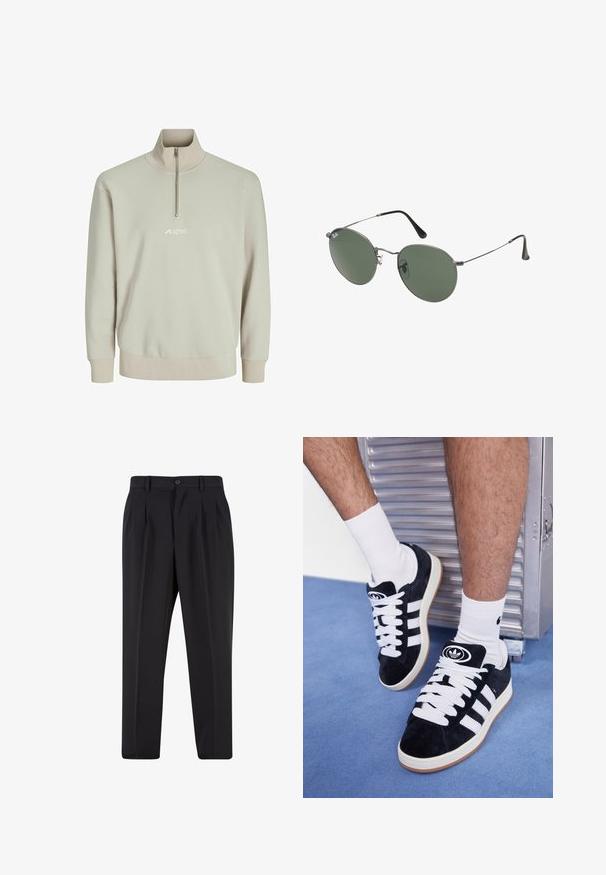 Svijetlo bež dukserica s polu-zatvaračem izrađena od mekanog materijala, s rebrastim manžetama i izvezenim logotipom na prsima. Glatka textura.; Crne hlače s nabranim prednjim dijelom, izrađene od glatkog materijala. Imaju zatvaranje na gumb i petlje za remen; ravne su krojen.; Crne nubuk tenisice s bijelim vezicama i tri bijele pruge. Imaju kružni crni logo na jeziku i gumeni potplat.; Naočale s metalnim okvirom i ovalnim zelenim staklima. Tanka srebrna metalna konstrukcija i crni silikonski jastučići za uši. Minimalistički dizajn, bez vidljivih logotipa.