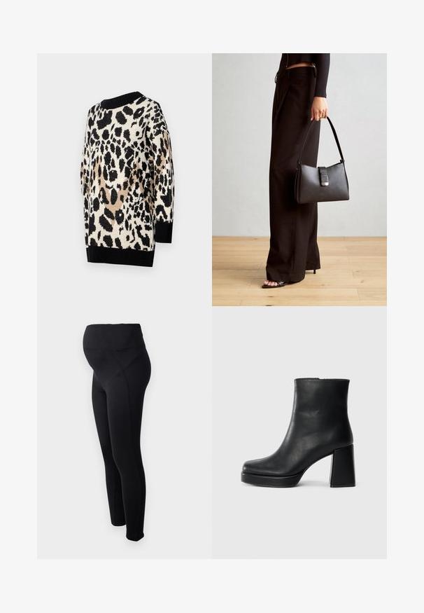Leopardikuosi villapaita neutraaleissa mustan, beigenvärisen ja kerman sävyissä. Ominaisuuksiin kuuluu pyöreä pääntie sekä ribbibordit mustissa hihansuissa ja helmassa.; Mustat äitiysleggingsit korkealla vyötäröllä, valmistettu joustavasta materiaalista. Ominaisuuksiin kuuluu sileä tekstuuri ja muotoiltu malli mukavuutta varten.; Musta nahkasaapas nilkkapituisena, jossa on paksu korko ja alustapohja, nähtynä sivulta yksinkertaisella valkoisella taustalla.; Musta käsilaukku, jossa on rakenteellinen muoto, sileä pinta ja metallinen solki. Yhdistetty leveisiin mustiin housuihin ja avonaiheisiin sandaaleihin puulattialla.