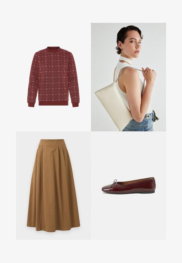 Bordowy sweatshirt z geometrycznym białym wzorem gwiazdy. Ribbowany okrągły dekolt i mankiety. Miękka tekstura i luźny krój.; Brąskowa bawełniana spódnica w kształcie litery A z wysokim stanem, z plisami z przodu i gładką fakturą. Wykończenia dołu są czyste i proste.; Bordowe baleriny z lakierowanej skóry z zaokrąglonym noskiem, małą kokardką z przodu oraz niską, czarną gumową podeszwą. Gładka tekstura.; Biała prostokątna kopertówka wykonana z błyszczącego materiału, z srebrnym łańcuszkiem. Modelka pozuje, prezentując torebkę na jednolitym tle.