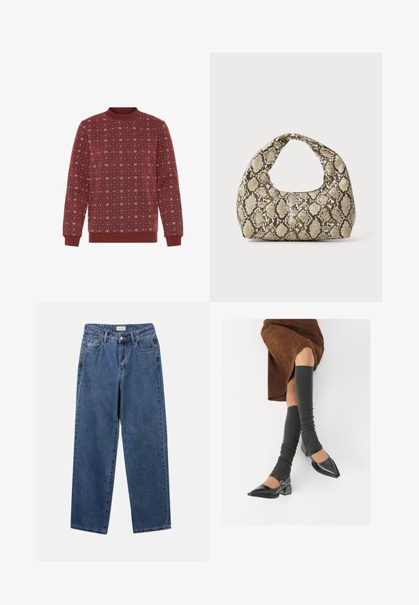 Burgundy sweatshirt with a geometric white star pattern. Ribbed crew neckline and cuffs. Soft texture and relaxed fit.; Classic blue denim jeans with a straight-leg design, five pockets, and a button closure. Features a medium wash and sturdy texture.; Black patent leather pointed-toe shoes with a block heel and ankle strap, paired with gray ribbed leg warmers and a brown suede skirt.; Snake-print handbag with a curved handle. Made from textured, beige and brown materials, featuring a distinctive diamond pattern.