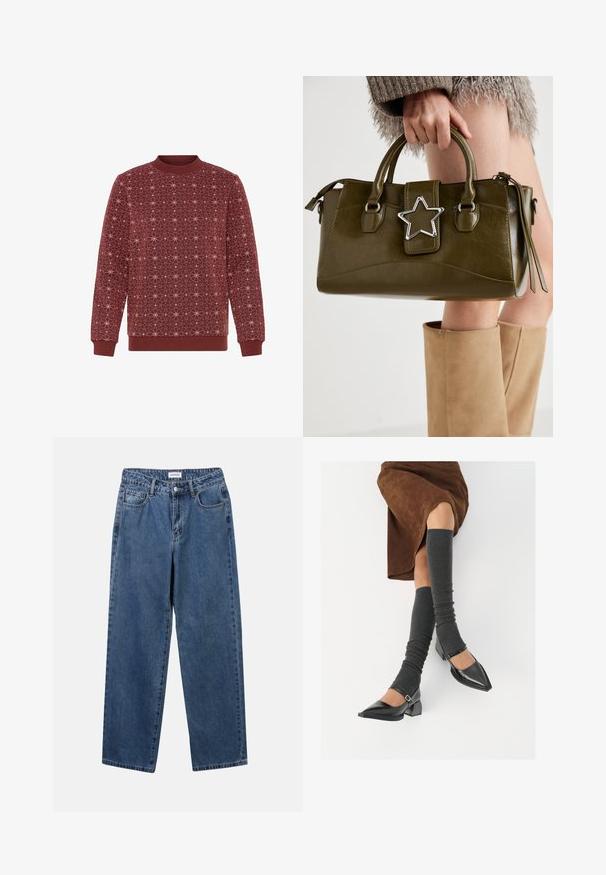 Burgundia värvi sviiter geomeetrilise valge tähe mustriga. Ribide äärtega ümar kaelus ja varrukate äär. Pehme tekstuur ja mugav lõige.; Klassikalised sinised denimists teksad otsejalaga disainiga, viie taskuga ja nööbisuletusega. Omab keskmist pesu ja tugevat tekstuuri.; Mustad patsaline odav värviga kingad, millel on kreen ja pahkluuring, on paaritatud hallide ribakudumitega sääremiidega ja pruunist nahast seelikuga.; Oliivroheline kunstnahast käekott koos hõbedase tähe aktsendiga, kahe käepideme ja luku sulgemisega. Tekstuuriga pind ja struktureeritud kuju.