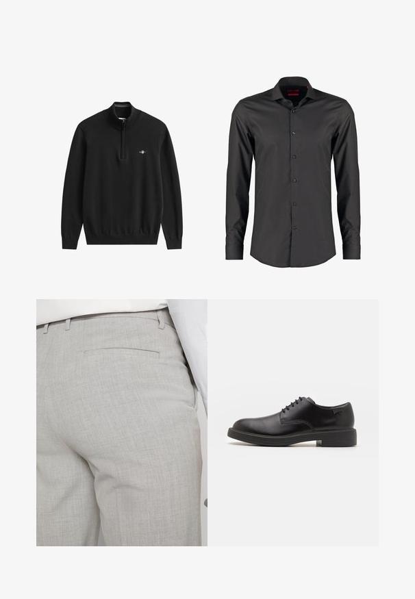 Must neljandiku lukuga pullover, valmistatud pehmest kudumkangast. Omab soonikkoes kraed, varrukaid ja allääre ning väikest logo rinnal.; Must mustapikkade varrukatega särk, millel on kitsas lõige ja mis on valmistatud siledast kangast. Omab teravat kaelust ja kuut nuppu esiosal.; Heledat hallid kohandatud püksid tekstuurse kangaga, millel on üks tagatasku ja puhas õmblus.; Must beemel levalis kingad ümarate varvastega, sileda pinnaga, minimaalsete õmblustega ja madala kummist kontsaga. Logo kontsa peal.