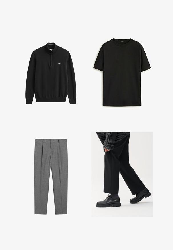 Černý svetr s čtvrtkolečkovým zipem, vyrobený z měkké pletené látky. Má žebrovaný límec, manžety a lem a na hrudi malý logo.; Černé bavlněné tričko s klasickým kulatým výstřihem, krátkými rukávy a volným střihem. Hladká textura, bez vzorů nebo ozdob.; Šedé upravené kalhoty s texturovanou strukturou, s plochým předním dílem, nažehlenými nohavicemi, s poutky na opasek a standardním pasem.; Černé kožené boty s kulatou špičkou, šněrovací design a silnou strukturovanou podrážkou. Noseny s dobře padnoucími černými kalhotami a žebrovaným svetr.