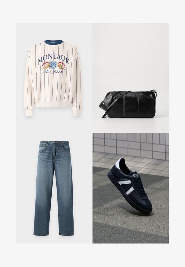 Abercrombie & Fitch Golf Graphic Crew Sweatshirt - Melegítőfelső - white; Egyenes szárú kék denim farmernadrág, kopott mosással, öt zsebes kivitelezéssel, fém gombbal és övhurkokkal. Közepes súlyú, strukturált anyag.; Fekete bőr sportcipő fehér csíkokkal, textúrált gumitalppal és fűzős elejével. A nyelvén márkás címke található.; Fekete bőr válltáska, cipzárral zárva, texturált felülettel, fehér varrással és ezüst fémgyűrűs pánttal.