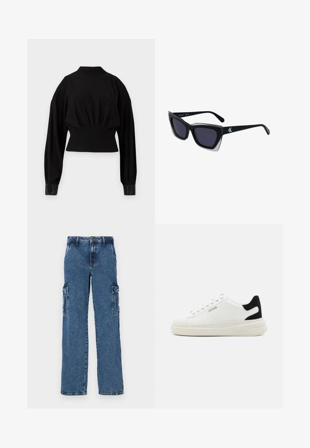 Černý zkrácený svetr s dlouhými rukávy, žebrovaným výstřihem a texturovanými manžetami s dekorativními prvky, vyrobený z měkkého, elastického materiálu.; Modré denimové cargo kalhoty s uvolněným střihem, které mají dvě boční kapsy, zesílené švy a rovný střih nohavic.; Bílé kožené tenisky s tlustou bílou podrážkou, černým semišovým akcentem na patě a vyraženým logem na boku. Šněrovací design se šesti očka.; Černé oversized sluneční brýle geometrického tvaru, s tmavými skly a kontrastním šedým detailem na rámu. Logo na rameni.