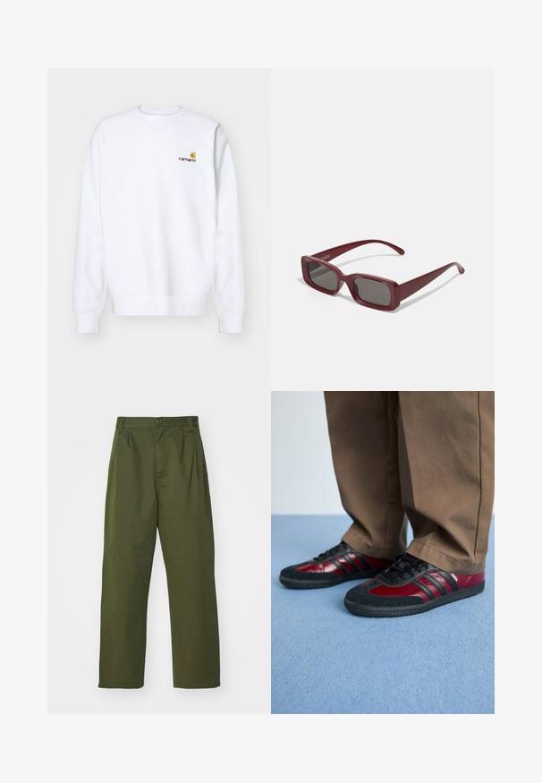Carhartt WIP AMERICAN SCRIPT - Felpa - white; Pantaloni verde oliva a vita alta con design a gamba dritta. Realizzati in un tessuto leggero, con pieghe frontali e chiusura a bottone.; Scarpe da ginnastica nere e bordeaux in pelle e scamosciato, con lacci neri e tre strisce nere di lato. Suola in gomma.; Occhiali da sole rettangolari bordeaux con lenti scure, montatura spessa e tempie affusolate. Realizzati in plastica lucida con una texture liscia.