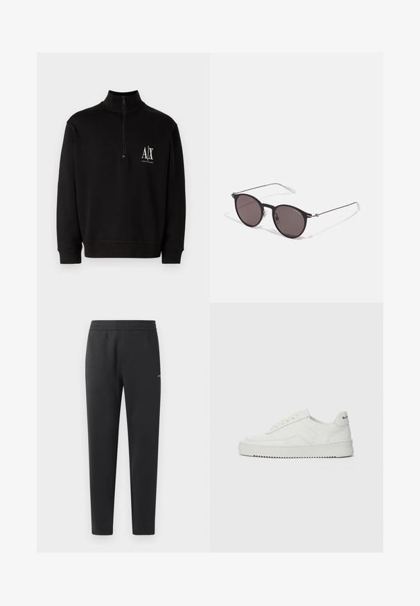 Čierna mikina na zips vyrobená z bavlneného zmesi. Obsahuje vysoký golier, rebrované manžety a malé biele logo na ľavej hrudi.; Čierne joggingové nohavice z mäkkej tkaniny, s elastickým pásom, rovnými nohavicami a malým logom na boku.; Biele kožené tenisky s hladkým povrchom, okrúly špičkový dizajn, ploché šnúrky a textúrovaná podrážka. Obsahujú jemné logo na päte.; Čierne okrúhle slnečné okuliare s tmavými sklami a tenkými kovovými ramenami. Obsahujú priehľadné konce rámov a strieborné akcenty na pántoch. Minimalistický dizajn.