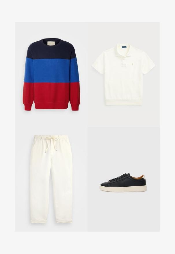Bluza z kolorowymi blokami, z sekcjami w kolorze granatowym, niebieskim i czerwonym. Wykonana z bawełny, z prążkowanym dekoltem i mankietami. Logo GANT na rękawie.; Polo Ralph Lauren - Koszulka polo; Jasna kremowa, casualowa para spodni wykonanych z miękkiego materiału. Posiada elastyczny pas ze sznurkiem i zwężający się krój nogawek.; Czarne skórzane trampki o gładkiej fakturze, jasnobrązowa gumowa podeszwa, sznurowana konstrukcja i kontrastujący akcent na pięcie.