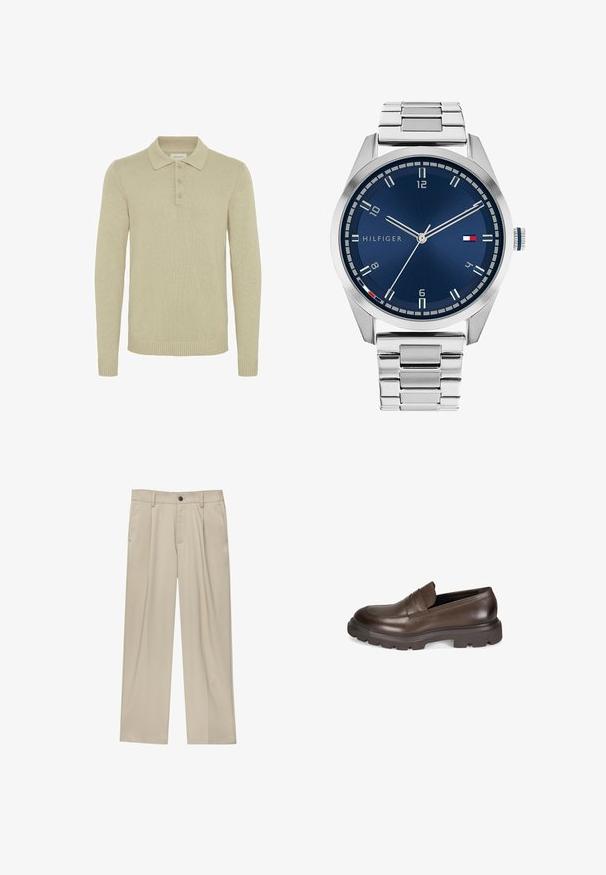 Beiger Langarm-Polo-Pullover aus geripptem Strickstoff mit Knopfleiste und gerippten Bündchen und Saum. Klassisches Kragen-Design.; Beige Hosen mit geradem Schnitt, ausgestattet mit einem einzelnen schwarzen Knopf, Gürtelschlaufen und Seitentaschen. Glatte Stofftextur und minimalistisches Design.; Desa Slipper - brown; Silberne Metall-Uhr mit einem gebürsteten blauen Zifferblatt, weißen Stundenmarkierungen und einem Datumsanzeiger. Verfügt über ein verlinktes Metallarmband und ein Markenlogo.