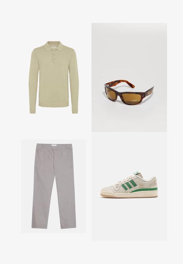 Beiger Langarm-Polo-Pullover aus geripptem Strickstoff mit Knopfleiste und gerippten Bündchen und Saum. Klassisches Kragen-Design.; Hellgraue Baumwollhose mit elastischem Bund, zwei seitlichen Taschen, geradem Beinschnitt und glatter Textur. Simple Nahtdetails.; Adidas-Sneaker mit einem Obermaterial aus beigem Leder, grünen Streifen und einer Gummisohle. Verfügt über einen gepolsterten Kragen und eine perforierte Zehenpartie für Atmungsaktivität.; Schildpatt-Sonnenbrille mit braunen Gläsern. Schlanker rechteckiger Rahmen, glatte Textur, dezente Markenkennzeichnung an der Seite und gebogene Bügel für zusätzlichen Komfort.