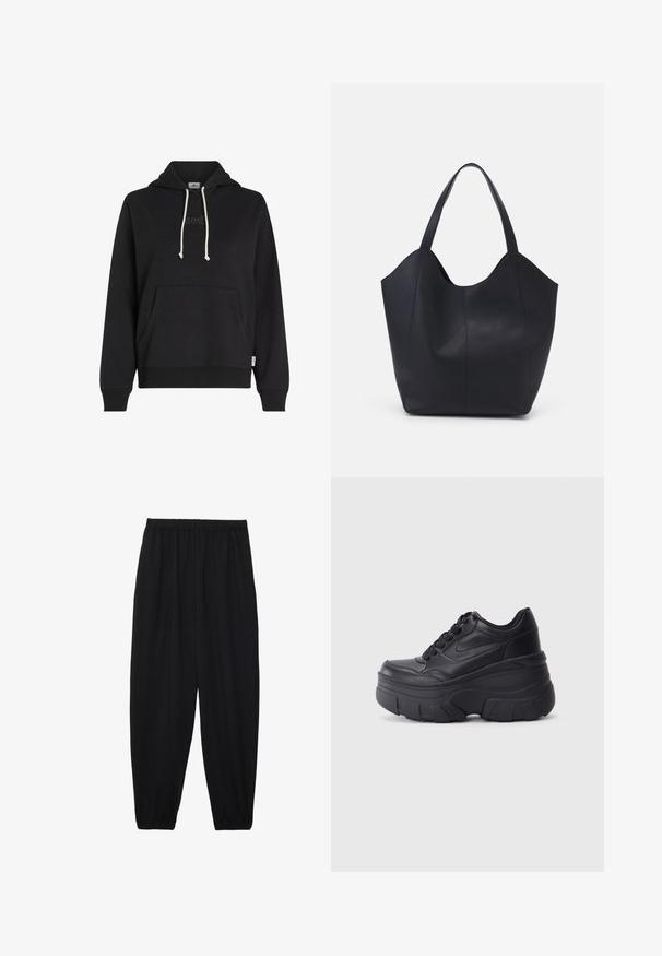 Mustat hupparit, jotka on valmistettu pehmeästä kankaasta. Niissä on kenguru-tasku, nyörillinen huppu, jossa on kerma värisiä nyörejä, ja hillitty logo yksityiskohta rinnassa.; Mustat, kevyet housut, joissa on joustava vyötärö ja kerätyt nilkat. Kangas on sileä ja siinä on rento, kapeneva muotoilu.; Musta nauhallinen lenkkarit, joissa on paksu pohja, ja jotka sisältävät sileästä nahasta valmistetun yläosan, pyöreän kärjen ja erottuvan kerroksittain muotoillun pohjan.; Mustat kangaskassit, jotka on valmistettu sileästä nahasta, jossa on kaareva, avoin yläosa, kaksi olkahihnaa ja minimalistinen muotoilu.