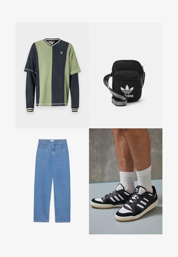 The Ragged Priest JOCK - Sweatshirt - green/black; Jean en denim bleu clair avec une coupe droite, design à cinq poches, fermeture à un bouton et détails de couture subtils sur les coutures.; Baskets noir et blanc avec une tige en suède et cuir, comportant trois rayures blanches, un bout perforé et une semelle en caoutchouc gum.; Sac bandoulière noir en tissu avec fermeture éclair, arborant un logo Adidas blanc et une sangle réglable rayée pour un port facile.