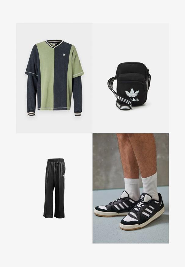 The Ragged Priest JOCK - Sweatshirt - green/black; Sorte syntetiske treningsbukser med elastisk midje, som har hvite sidestreker og en liten hvit logo på venstre hofte.; Sorte og hvite sneakers med overdel i semsket skinn og lær, med tre hvite striper, perforert tå og en såle av gummi.; Svart stoff crossbody veske med glidelås, med en hvit Adidas-logo og enstripet justerbar stropp for enkel bæring.