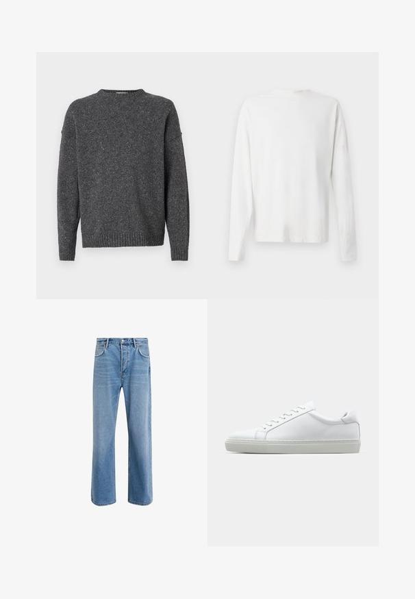 Sötét szürke, pettyes kötött pulóver hosszú ujjal, kerek nyakkivágással, bordázott mandzsettákkal és aljjal, fehér háttér előtt bemutatva.; Hosszú ujjú fehér pamut ing kerek nyakkivágással, az alján oldalsó hasítékokkal és sima textúrával, hátulról bemutatva.; Világoskék farmernadrág, egyenes szárú fazonnal, öt zsebbel, gombos záródással, minimális kopással és kontrasztos varrással.; Fehér sportcipő sima bőr felső résszel és alacsony profilsal. Kerek orr, hat fűzőlyuk és barázdált gumitalp jellemzi.