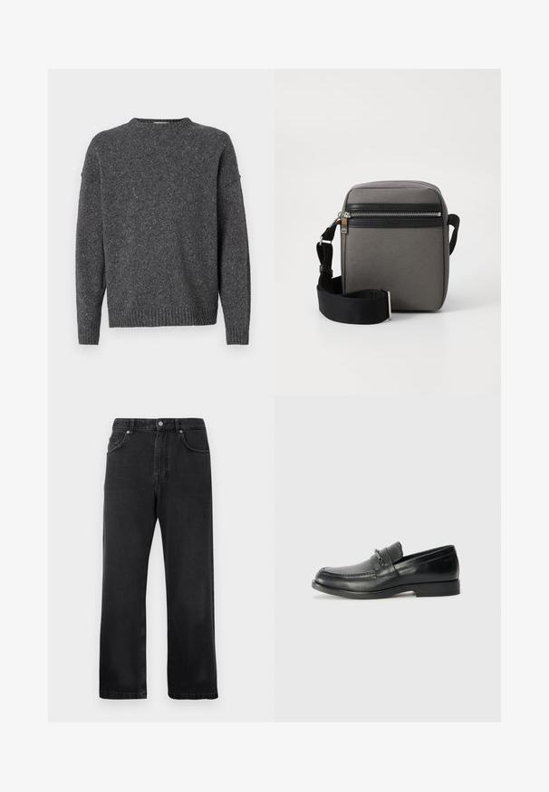 Tumehall põhjaspektriga kudum, millel on pikad varrukad, ümar kaelus ning soonikkoes mansetid ja hem, esitatud valgel taustal.; Mustad sirge lõikega teksapüksid, millel on ees taskud, vööloopid ja nupuga sulgemine valgel taustal.; Mustad nahast loafers, millel on ümar nina, kokku õmmeldud disain, väike eesmine rihm varustuse detailidega ja lame kummitald.; Hallita halli kangas üle õla kott, millel on must vetske tasku, reguleeritav rihm ja ristkülikuline kuju. Omab siledat pinda ja metallist riistu.