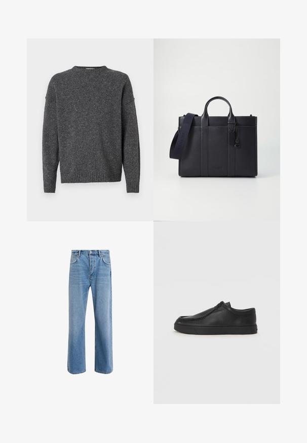 Dark grey speckled knit sweater with long sleeves, crew neckline, and ribbed cuffs and hem, displayed on a white background.; Light blue denim jeans with a straight-leg design, five pockets, button closure, minimal fading, and contrasting stitching details.; Black leather slip-on shoe with a rounded toe, stitched detailing, and black rubber sole. Smooth texture with minimalistic design.; Dark navy leather briefcase with dual top handles and a detachable strap. Features textured finish, vertical stitching, and logo detail.