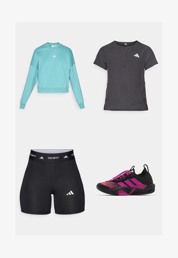 Sweatshirt turquesa com mangas longas e decote redondo. Apresenta um logótipo branco no peito e uma textura de tecido suave.; T-shirt atlético de mangas curtas, cinza escuro com textura perfurada. Apresenta um logo branco e riscas laterais contrastantes. Decote arredondado.; Calções pretos feitos de um tecido elástico com um design ajustado. Apresentam uma ampla faixa na cintura preta rotulada como "TECHFIT" e um logótipo branco na perna.; Sapatilha atlética preta e rosa com um upper texturizado, design padrão, atacadores proeminentes e uma sola robusta com detalhes em rosa.
