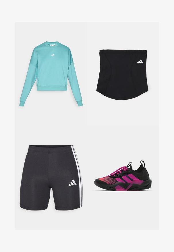 Turkis sweatshirt med lange ermer og rund hals. Har en hvit logo på brystet og en glatt tekstur.; Svarte treningsshorts laget av elastisk stoff, med hvite sidestroppene og et Adidas-logo på den nederste høyre benet. Glatt tekstur.; Svart og rosa treningssko med teksturert overdel, mønstrede detaljer, fremtredende snøringer og en klumpete såle med rosa detaljer.; Svart atletisk hodebånd med en glatt tekstur, buet form og elastisk topp. Har en liten hvit Adidas-logo på siden.