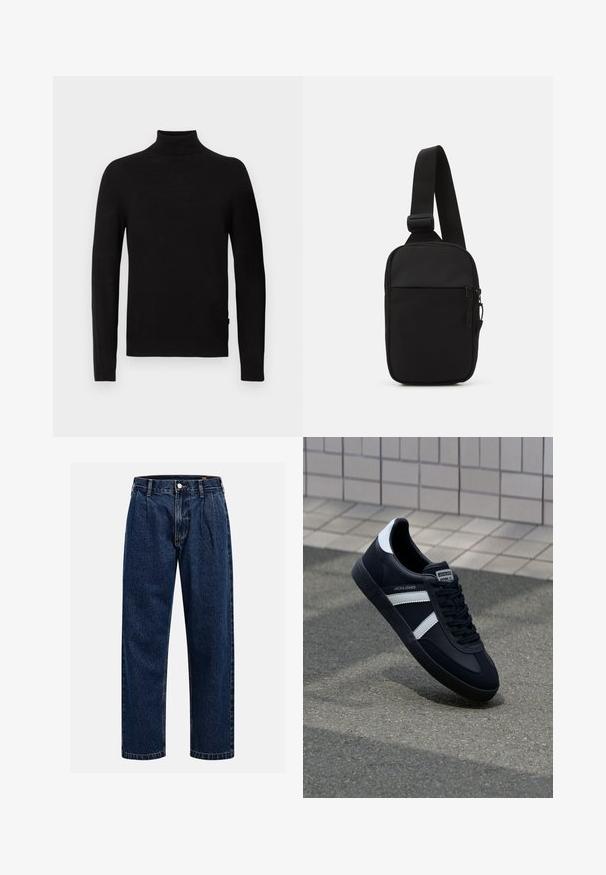 Sort langærmet turtleneck sweater med ribbet krave, manchetter og kant, vist på en hvid baggrund.; Mørkeblå denimjeans med lige ben-design. Har synlige syninger, en knaplukning og frontfoldninger for ekstra detalje.; Sort lædersneaker med hvide striber, tekstureret gummisål og snørrebånd foran. Har et brandet mærke på tungen.; Sort crossbody taske lavet af slidstærkt stof, med en enkelt justerbar rem, en lynlåset hovedrum og en frontlomme.