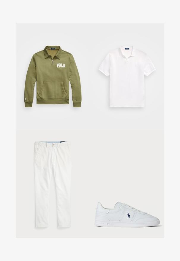 Ελαιόχρωμο, μακρυμάνικο πουλόβερ με φερμουάρ στον λαιμό, μπροστινή τσέπη και λογότυπο "POLO RALPH LAUREN" σε λευκό χρώμα στο στήθος.; Λευκό πόλο μπλουζάκι από βαμβάκι, με στήριγμα δύο κουμπιών, κοντά μανίκια και διακριτό λογότυπο στο αριστερό στήθος. Λείος υφασμάτινος υφάντης.; Λευκά chinos από βαμβάκι, με επίπεδο μπροστινό μέρος, θηλιές ζώνης, δύο πλαϊνές τσέπες και μία πίσω τσέπη. Λείος υφασμάτινος χαρακτήρας με ίσια γραμμή.; Λευκό δερμάτινο αθλητικό παπούτσι με λεία υφή, που διαθέτει κορδόνια κλεισίματος, ναυτικό λογότυπο στο πλάι και ανθεκτική καουτσούκ σόλα.