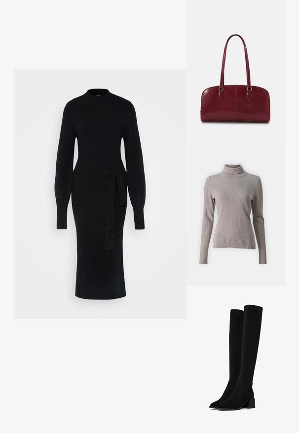 Svijetlosivi rolak s dugim rukavima, izrađen od mekog materijala. Ima prilagođen kroj i rebraste manžete. Glatka tekstura.; Crna pletena haljina s dugim rukavima, visokim izrezom i pojasom u struku. Silueta je pripijena, s ravnim srednje dugim krojem.; Crne čizme iznad koljena izrađene od mekog, teksturiranog materijala. Imaju blok-peti, šiljasti vrh i vidljive šavove.; Zign LEATHER - Ručna torba - dark red