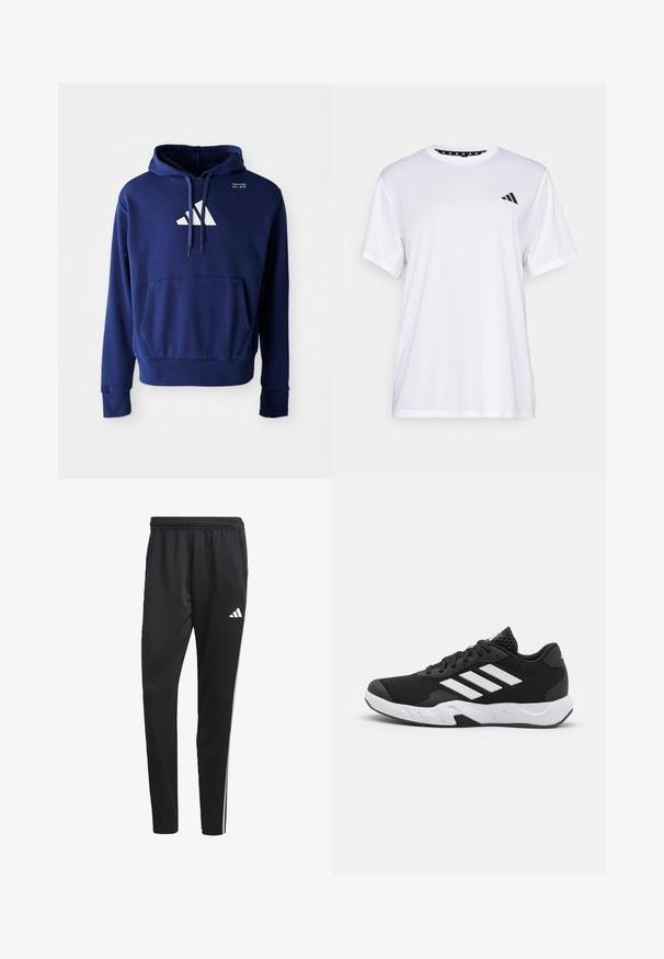 Námornícky modrá mikina s kloktacou vreckom, kapucňou so šnúrkou a bielym logom s tromi diagonálnymi prúžkami na hrudi. Mäkká textúra látky.; Biely športový tričko s krátkymi rukávmi, vyrobené z materiálu, ktorý odvádza vlhkosť. Má čierne logo na ľavej hrudi a vzorovaný vnútorný golier.; Čierne športové nohavice s elastickým pásom, bielymi bočnými pruhmi a malým bielym logom na stehne. Vyrobené z hladkého, ľahkého materiálu.; Čierne športové topánky s textúrovaným sieťovinovým zvrškom, bielymi akcentovými pruhmi, polstrovanou podrážkou a spevneným pätou pre podporu.