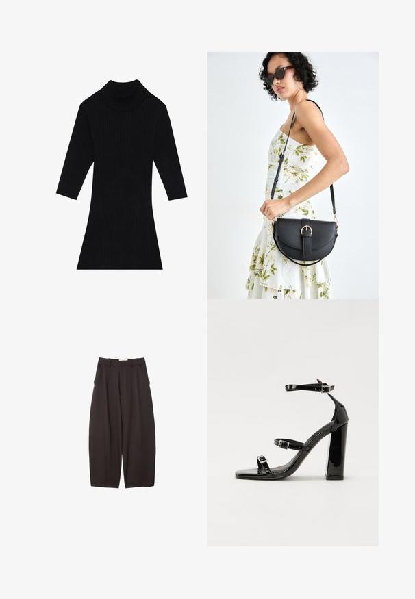 Musta ribbed-kudottu mekko, jossa on korkea kaulus ja kolme neljännesosa hihaa, näyttäen tiukalta siluetilta, joka levenee helmassa.; Mustat leveälahkeiset housut, jotka on valmistettu sileästä kankaasta. Niissä on korkea vyötärö, etupleatsit ja sivutaskut. Yksinkertainen muotoilu ilman koristeita.; Musta kiiltävä korkokenkä sandaalit neliönmuotoisella varpaalla, nilkkaremmillä ja hopeisilla soljilla. Varustettu tukevalla lohkokorkealla vakauden takaamiseksi.; Musta nahkainen käsilaukku, joka on kaareva muotoilultaan, irrotettavalla hihnalla ja kultaisilla yksityiskohdilla. Laukussa on läppä, jossa on solk yksityiskohta.