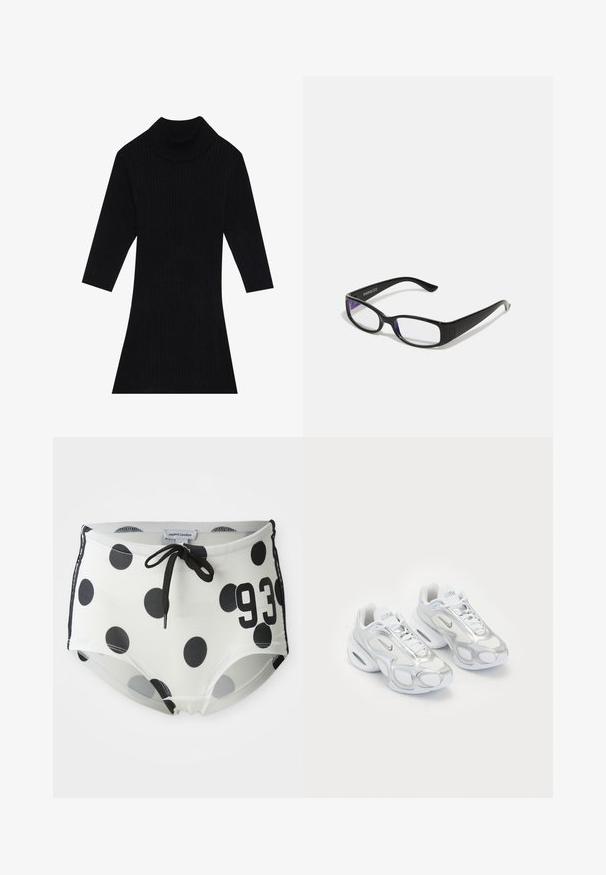 Black ribbed knit dress with a high collar and three-quarter sleeves, featuring a fitted silhouette that flares at the hem.; Black and white polka dot swim shorts with a drawstring waistband, featuring the number "93" on the front and a smooth, stretchy fabric.; White athletic shoes featuring a mesh upper with silver accents, a unique shape, and air cushioning in the heel. Laced design with logo.; Black rectangular glasses with clear lenses. Glossy finish, narrow arms, and purple tint visible at the edges of the lenses.
