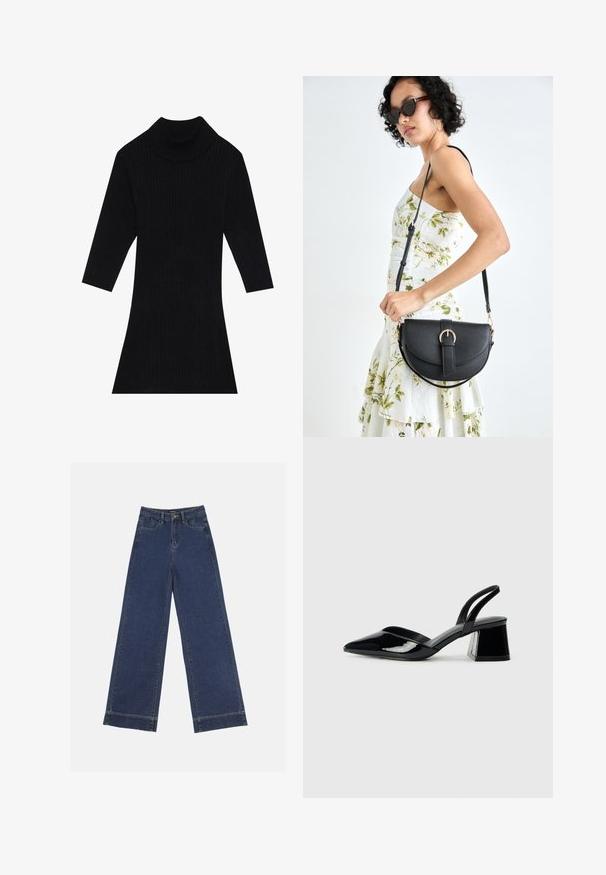 Black ribbed knit dress with a high collar and three-quarter sleeves, featuring a fitted silhouette that flares at the hem.; Wide-leg jeans in dark blue denim. Features five pockets, belt loops, and a raw hem at the bottom with visible stitching details.; Black patent leather slingback heels with a pointed toe and a geometric block heel. Features a sleek, minimal design and smooth texture.; Black leather handbag with a curved shape, detachable strap, and gold hardware. The bag features a flap with a buckle detail.