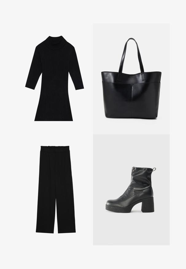 Svart ribbestrikket kjole med høy krage og trekvart ermer, med en tettsittende silhuett som flarer ut ved kanten.; Svarte vide bukser med rynket liv, med to sidelommer og et glatt, lett stoff. Ingen synlige mønstre eller metalldeler.; Svarte ankelstøvler laget av glatt lær, med glidelås på siden, chunky strukturert hæl, og rund tå-design.; Svart lær toteveske med to lange håndtak, en glatt tekstur og en strukturert form. Har en frontlomme for ekstra oppbevaring.