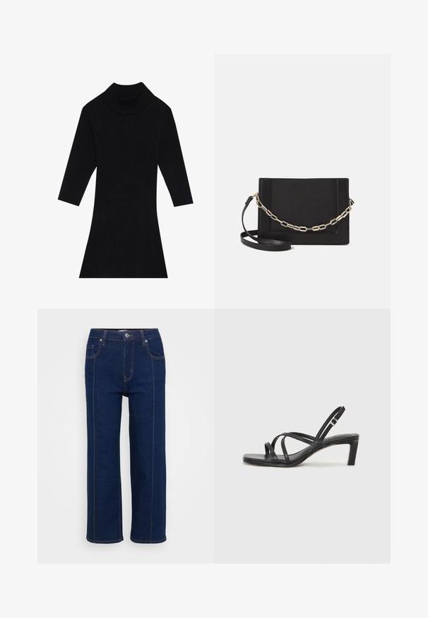 Melna ribota adīta kleita ar augstu apkakli un trīs ceturtdaļu piedurknēm, ar pieguļošu siluetu, kas paplašinās apakšējā daļā.; Tumši zili taisni džinsi ar pogu aizdari, priekšējām un aizmugurējām kabatām, kā arī redzamām oranžām šuvēm.; Melnas strappy sandales ar kvadrātveida purngaliem un zemu bloku papēdi. Ievērojamas ar vairākiem plāniem siksniņām un regulējamu potītes siksniņu. Izgatavotas no gludas ādas.; Melna ādas crossbody soma ar gludu faktūru, taisnstūrveida formu un metalizētu ķēdes detaļu priekšā. Iekļauta regulējama siksna.