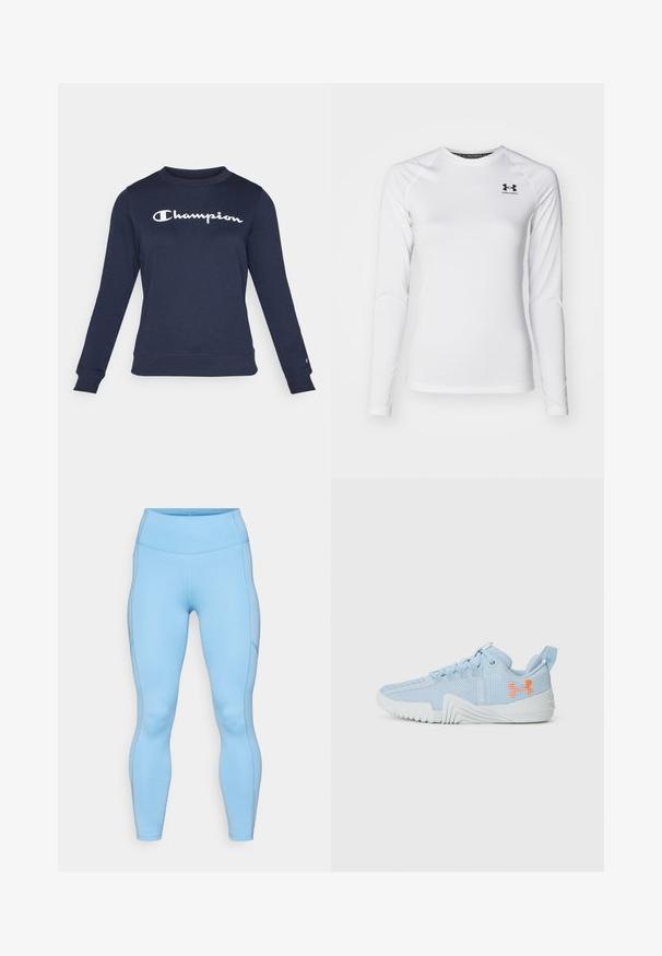 Tamsiai mėlynas džemperis, pagamintas iš medvilnės mišinio, su ilgomis rankovėmis, apvalia iškirpte ir balta "Champion" logo, esanti centre ant krūtinės.; Ilgų rankovių balta sportinė marškinė, pagaminta iš lygios medžiagos, su apykakle ir juodu logotipu viršutiniame kairiajame krūtinės kampe.; Šviesiai mėlynos leggingos, pagamintos iš tamprių audinių. Yra aukštas liemuo, sklandus paviršius ir kreivos siūlės palei kojas.; Šviesiai mėlynas sportinis batas, pagamintas iš tinklinės medžiagos, su tekstūruotu padu, su oranžiniu logotipu ir šnuromis.